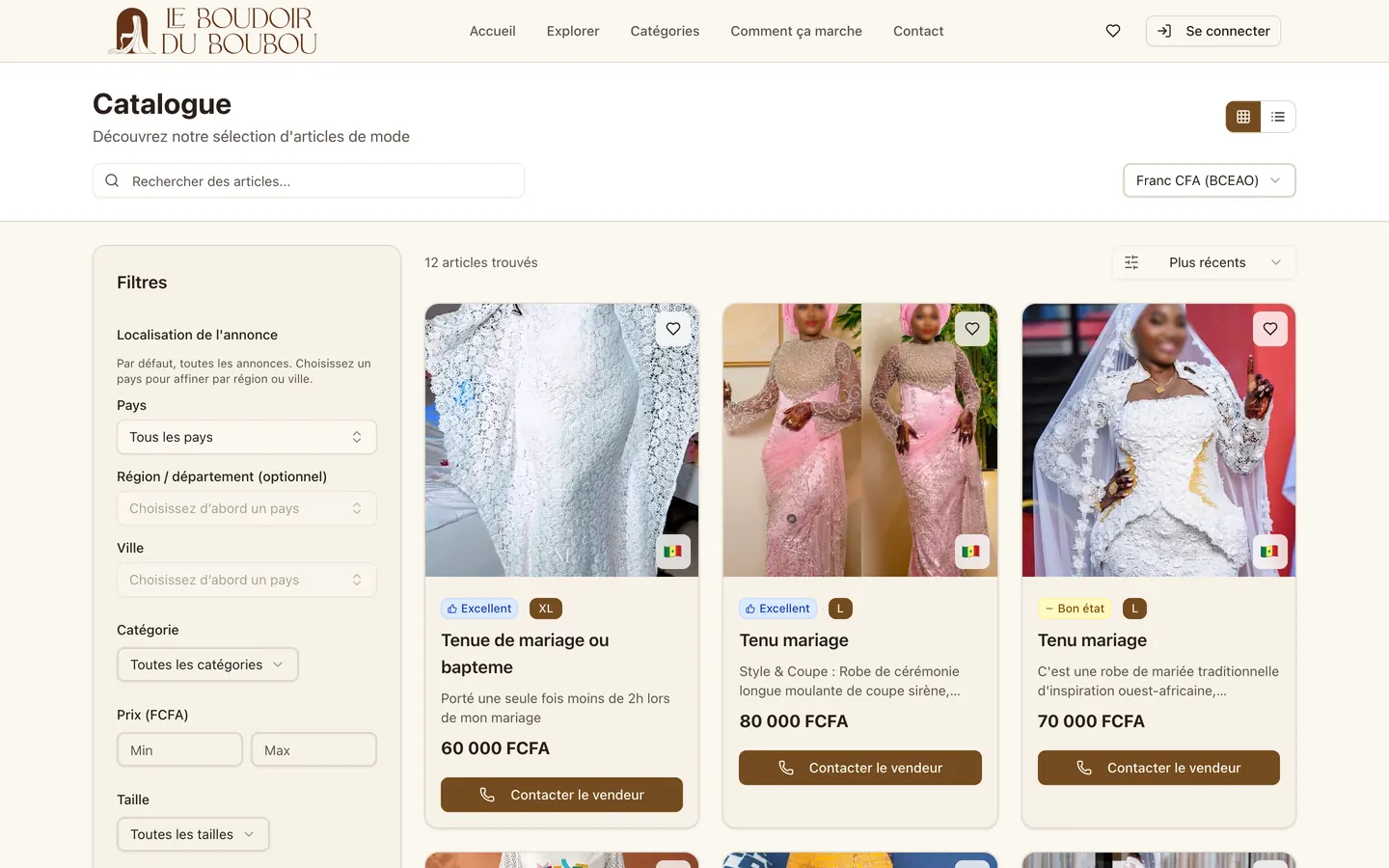 Catalogue de la plateforme Le Boudoir du Boubou, avec ses filtres et ses annonces de tenues