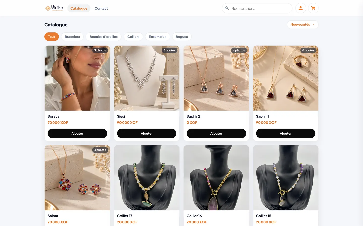 Catalogue de la boutique en ligne Yiriba, avec le tri par catégorie de bijoux